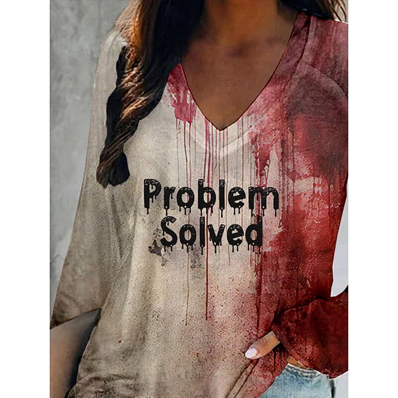 Halloween Women's T Shirt Bloodstain Graphic Letter Vintage Stylish Classic Long Sleeve V Neck Regular Tops Daily Print Wine Fall Winter2
