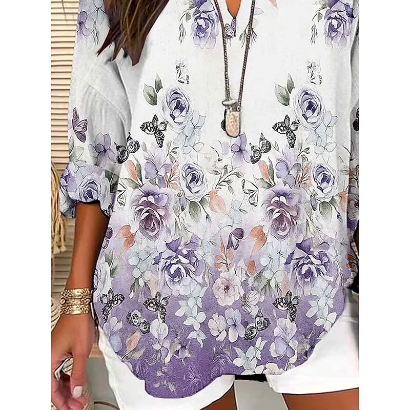 Women's Blouse Floral Graphic Vintage Daily Stylish Long Sleeve V Neck Notched Neck Regular Tops Daily Holiday Print Light Purple Violet Summer Spring Fall3