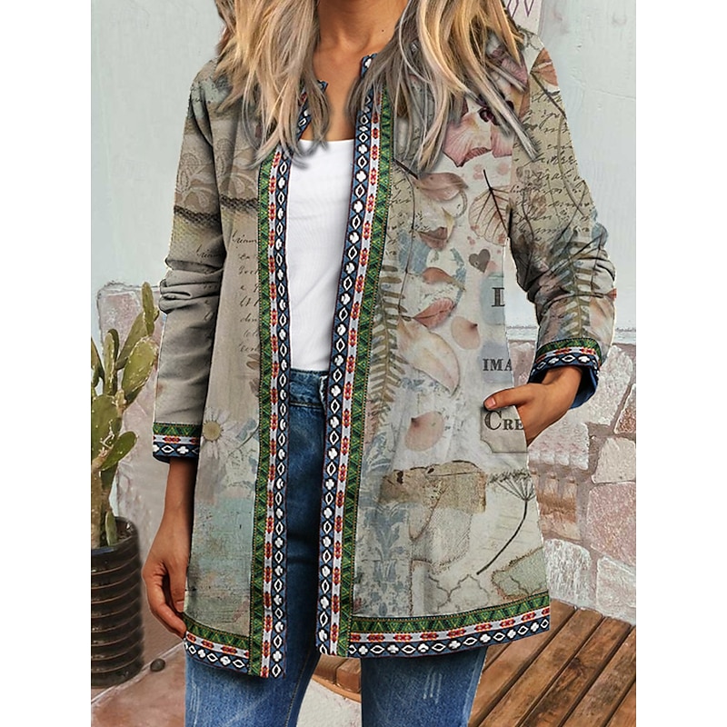 Women's Casual Jacket Windproof Warm Pocket Color Block Open Front with Pockets Modern Floral Casual Daily Casual Daily Short Crewneck Regular Fit Long Sleeve Outerwear Red Blue Khaki Fall2