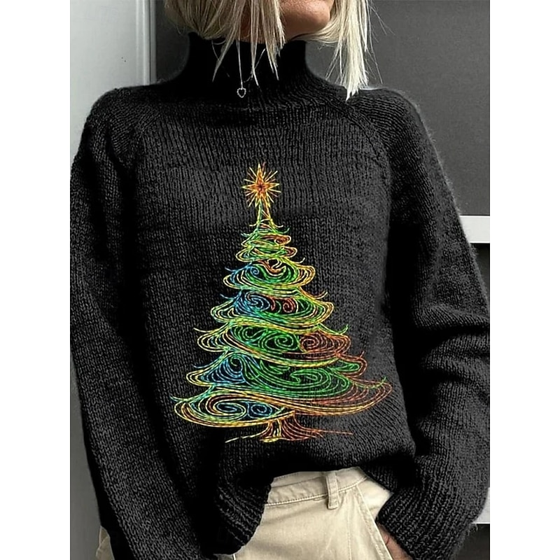 Women's Pullover Vacation Daily Tree Ribbed Turtleneck Knitted Print Long Sleeve Regular Tops Knit Outdoor Daily Holiday Black Blue Fall Winter