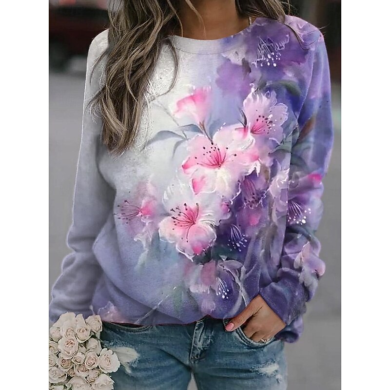 Women's Sweatshirts Floral Graphic Casual Long Sleeve Crew Neck Regular Tops Street Casual Holiday Print White Pink Blue Purple Spring Fall Winter2