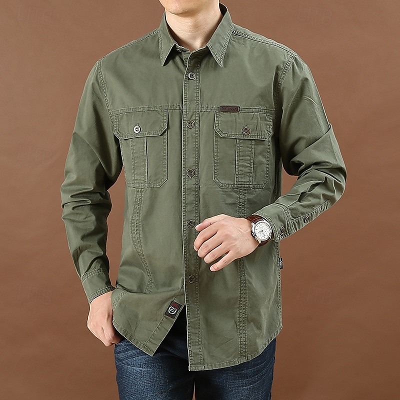 Men's Cargo Shirt Hiking Shirt Tactical Military Shirt Long Sleeve Turndown Top Outdoor Breathable Cotton Black Army Green Khaki Hunting Workout Traveling