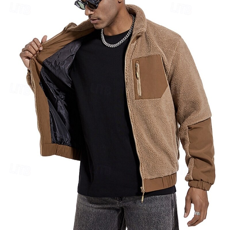 Men's Fleece Jacket Casual Thermal Warm Plain Winter Solid Color Casual Stand Collar Regular Camel Black Navy Blue Army Green Jacket3