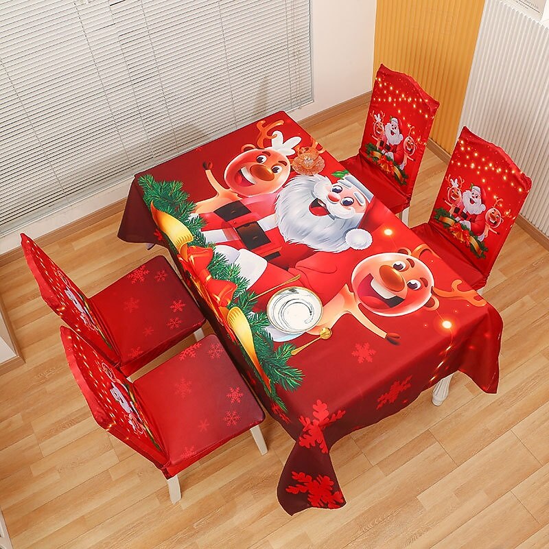 Christmas Chair Covers and Tablecloth Set, Holiday Printed Stretch Chair Slipcovers with Table Cover for Dining Room, Kitchen, Party Decor3