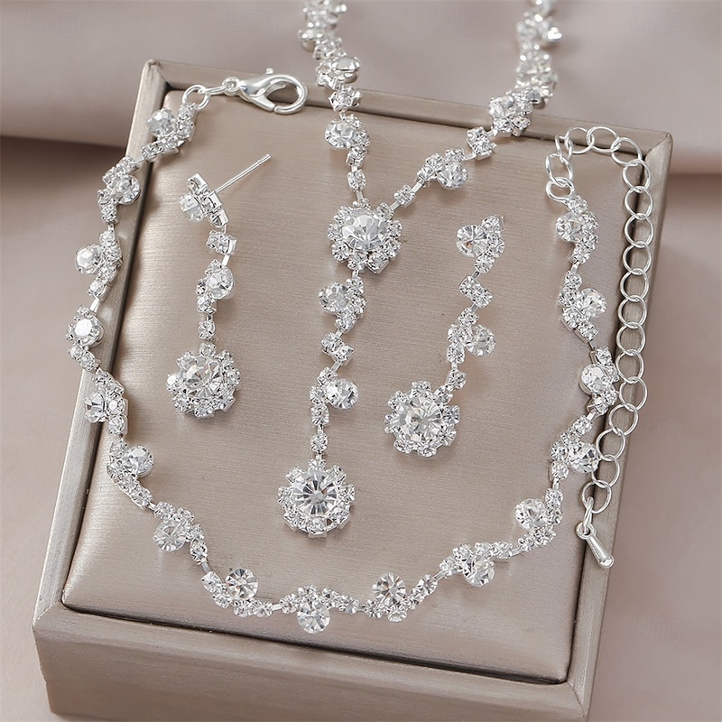 Jewelry Set Three-piece Suit Black Rhinestone Chrome 1 Bracelet Earrings Necklace Women's Elegant Vintage Fashion Vintage Style Classic Round Jewelry Set For Wedding Party Wedding Guest