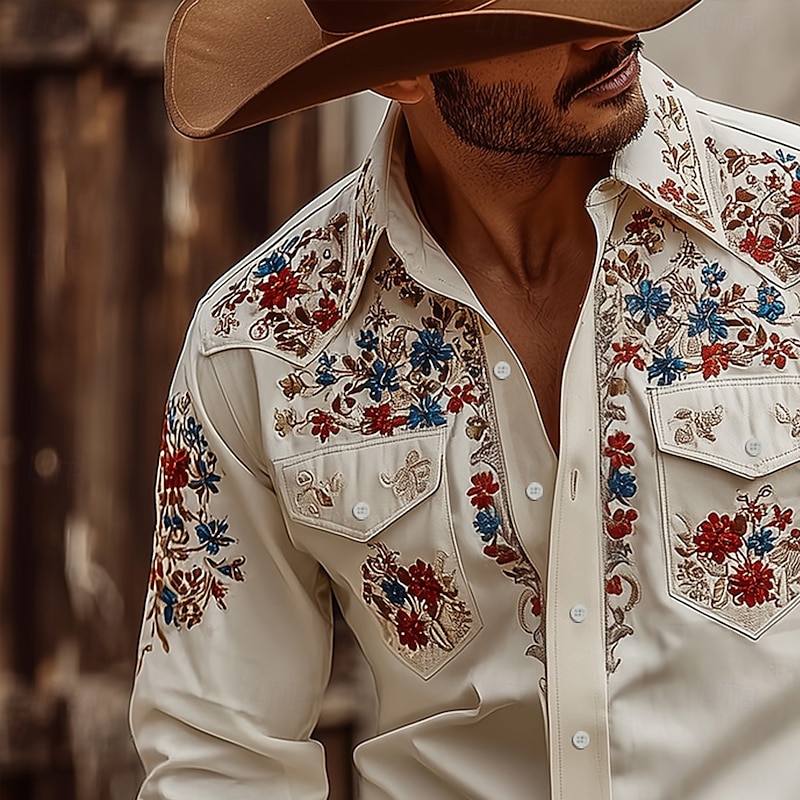 Men's Floral Print Flowers Shirt Western Shirt Cowboy Shirt Long Sleeve Vintage Retro Outdoor Daily WorkWear Fall & Winter Turndown 3D Print Front Two Pockets Button Up Shirts Yellow Pink Blue Apricot2