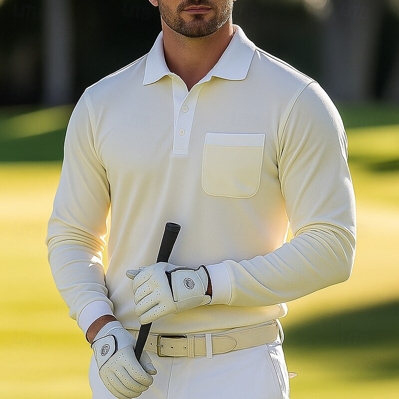 Men's Polo Shirts Golf Polos Shirts Business Casual Lapel Classic Long Sleeve Fashion Basic Solid Color Plain Pocket Color Block Fall Winter All Seasons Regular Fit Beige Polo Shirts