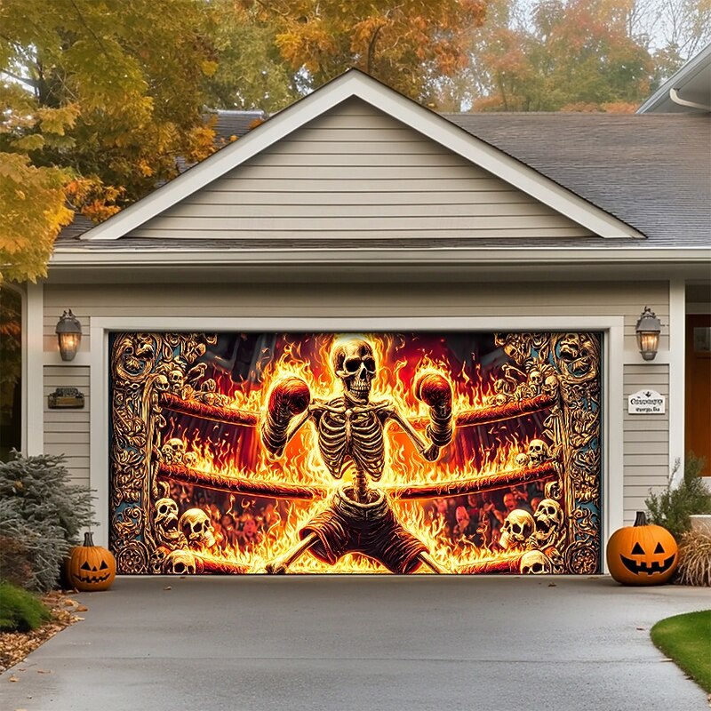 Halloween Garage Door Cover Large Hanging Backdrop Skeleton Flame Boxing Dark Punk Gothic Style Party Outdoor Shooting Backgrounds Yard Haunted House Home Decor3