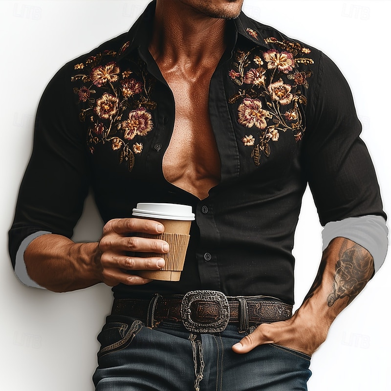 Men's Floral Print Flowers Shirt Western Shirt Cowboy Shirt Long Sleeve Vintage Retro Outdoor Vacation Spring Fall Turndown 3D Print Linen Like Shirt Black Red Blue Purple Green