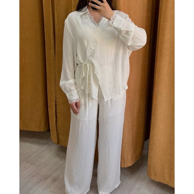 Women's Active Fashion Blouse Pants Sets Long Sleeve Shirt Collar Solid Color Lace Patchwork Outdoor Vacation Holiday White Navy Blue Light Blue Fall Regular Fit