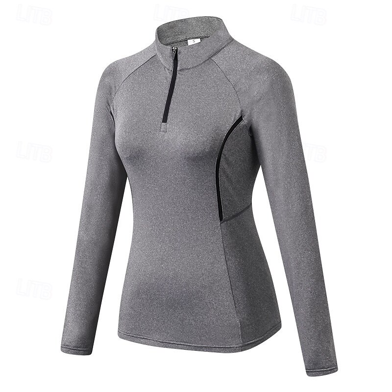 Women's Workout Shirt Stand Collar Quick Dry Quarter Zipper Long Sleeve Sports Solid Color Top For Gym Athletic Sports Activewear3