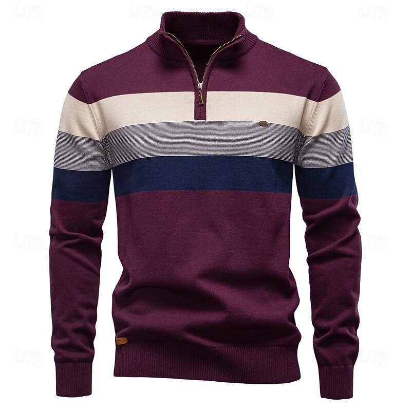 Men's Pullover Knit Regular Tops Half Zip Stripe Striped Standing Collar Vintage Cool School Vacation Clothing Apparel Spring Fall Black Purple S M L