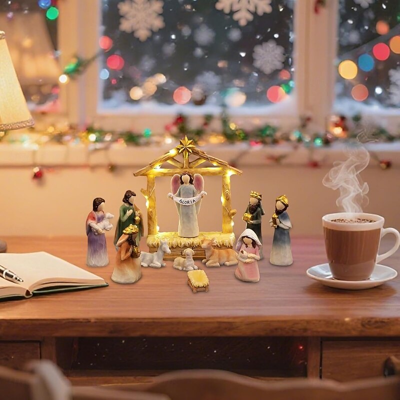 12pcs/set Christmas Nativity Figurines Resins Manger Holy Family Nativity Scene Statue for Xmases Indoor Home Table Decorations3