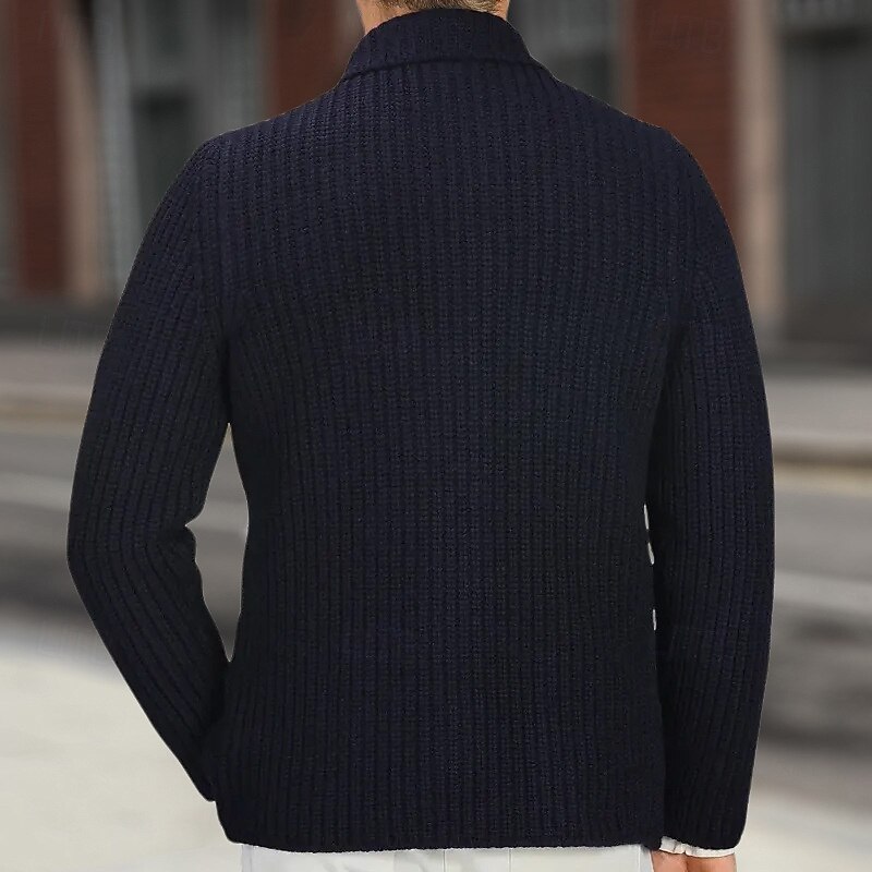 Men's Cardigan Sweater Cropped  Sweater Knit Sweater Ribbed Knit Regular Tops Pocket Buttons Plain Stand Collar Fashion Classic Vacation Daily Wear Clothing Apparel Fall Winter Black Navy Blue S M L4