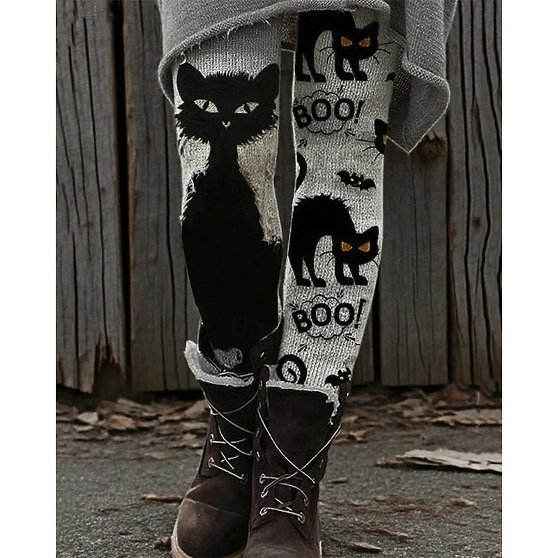Women's Pants Trousers Leggings Cozy Leggings Streetwear Casual Full Length High WaistPantsHalloween Cat Elastic Waist Print Breathability Comfortable Stretchy Vacation Street Daily Wear Black Spring