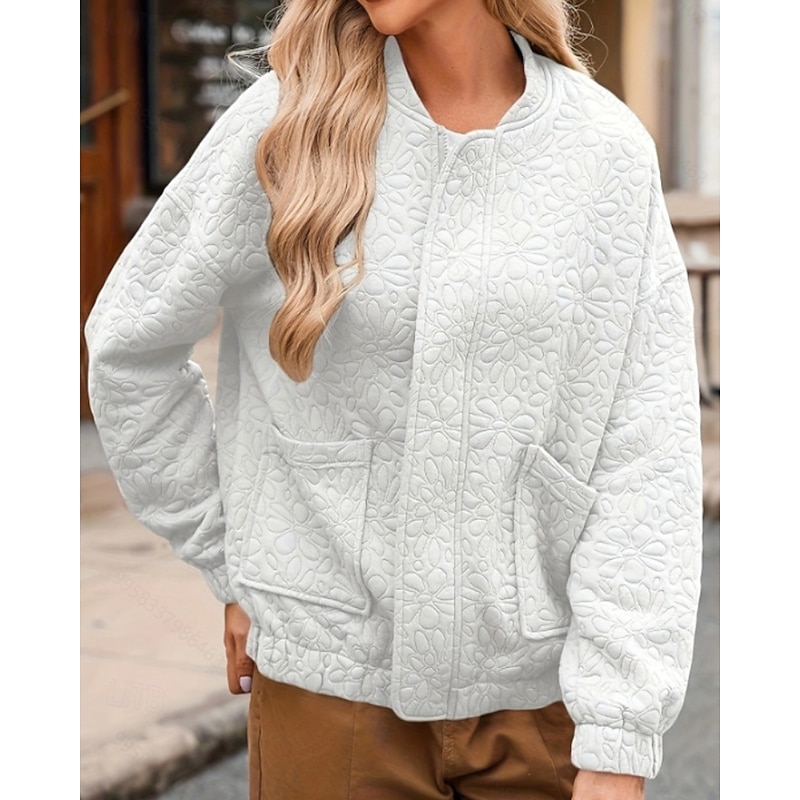 Women's Jacket Warm Comfortable Zipper Pocket Fashion Plain Street Weekend Zipper Regular Crewneck Regular Fit Long Sleeve Outerwear Navy White Wine Fall Winter