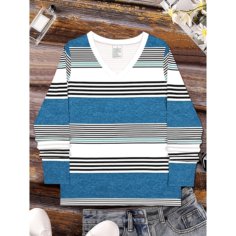 Women's T shirt Long Sleeve Graphic Geometric Striped Vintage Stylish Classic Long Sleeve V Neck Regular Tops Daily Print Royal Blue Sky Blue Spring Fall Winter Prefall2