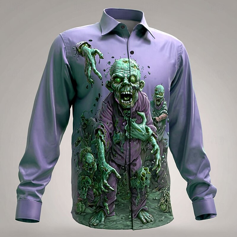 Halloween Men's Zombies Halloween Costumes Shirt Button Up Shirt Long Sleeve Dark Punk Gothic Style Outdoor Holiday Summer Spring Turndown 3D Print Collared Shirts Blue Purple Green Khaki4