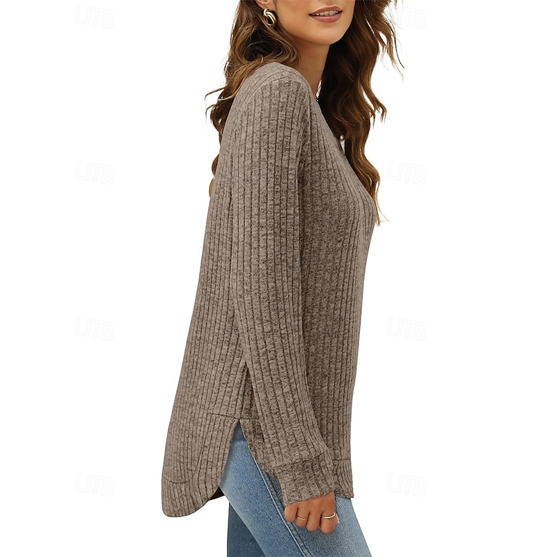 Women's Texture Blouse T Shirt Tee Top Plain Fashion Modern Long Sleeve Crew Neck Regular Tops Daily Going out Asymmetrical Black Wine Fuchsia Brown Green Spring Fall3