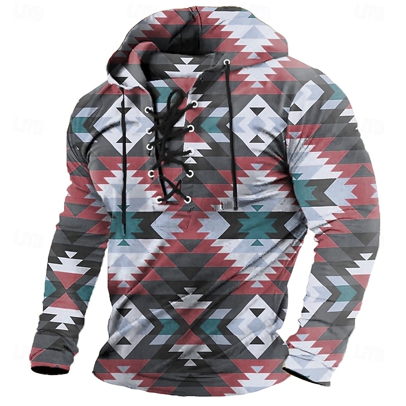 Men's Aztec Hoodie Sweatshirt Ethnic Vintage Retro Hooded Outdoor Climbing Hunting Green Gray Drawstring Fall Winter Designer4