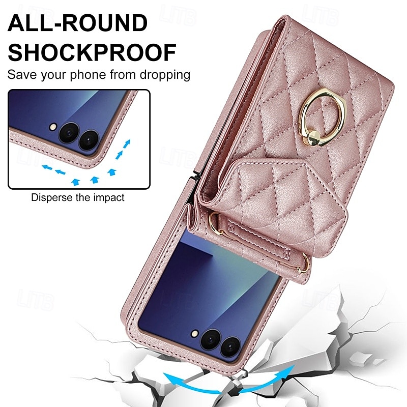 Phone Case For Samsung Galaxy Z Flip 7 Z Flip 6 Z Flip 5 Z Flip 4 Back Cover with Wrist Strap Card Slot Ring Buckle Retro TPU PU Leather3
