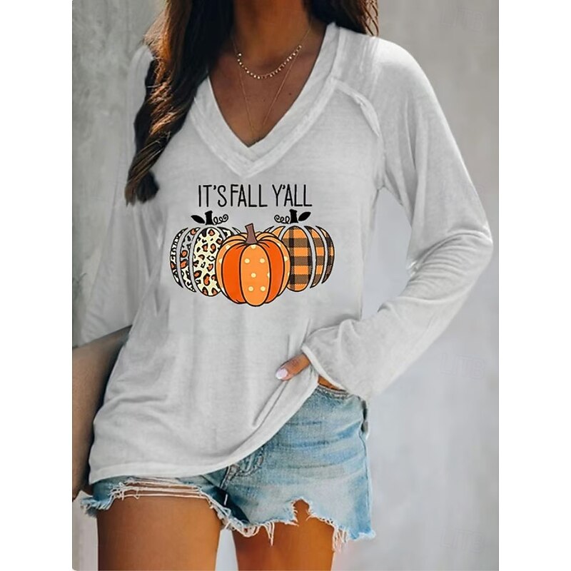 Halloween Women's T shirt Pumpkin Long Sleeve Graphic Vintage Stylish Classic Long Sleeve V Neck Regular Tops Daily Print Black White Pink Blue Orange Spring Fall Prefall2