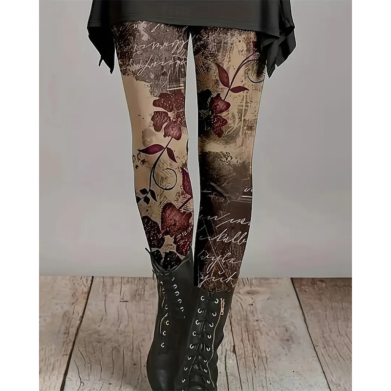 Women's Pants Trousers Leggings Cozy Leggings Streetwear Casual Full Length High Waist Floral Elastic Waist Print Breathability Comfortable Stretchy Vacation Street Daily Wear Brown Summer Spring Fall