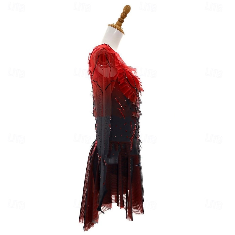 Figure Skating Dress Women's Girls' Ice Skating Dress Black+Red Open Back Asymmetric Hem Mesh High Elasticity Training Competition Skating Wear Classic Crystal / Rhinestone Long Sleeve Ice Skating Figure4