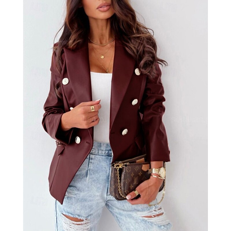 Women's Faux Leather Jacket Casual Jacket Comfortable Buttons Fashion Modern Outdoor Plain Going out Casual Daily Weekend Double Breasted Regular Lapel Regular Fit Long Sleeve Outerwear Black Wine3