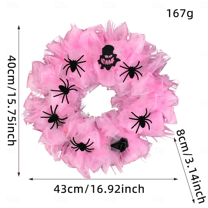 Halloween Pink Wreath for Front Door, Mesh Spider Web Garland, Festive Party Decor, Spooky Holiday Door Hanging, Seasonal Halloween Decoration3