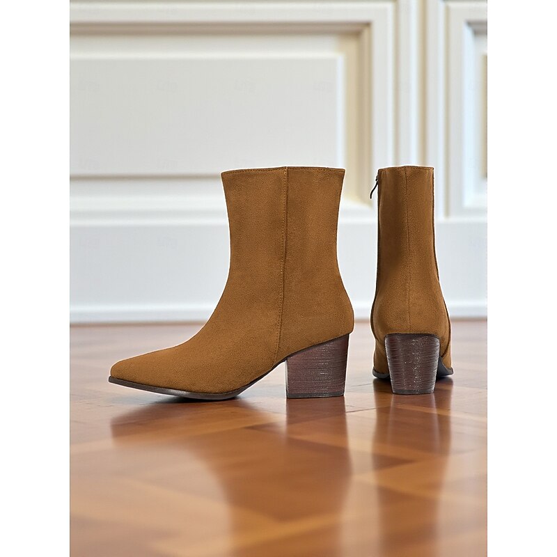 Women's Suede Block Heel Ankle Boots- Brown Urban Fashion Short Boots for Women's Casual and Streetwear Outfits3