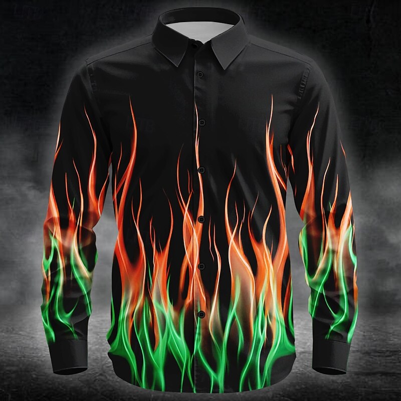 Halloween Men's Flame Neon Glow Shirt Button Up Shirt Long Sleeve Dark Punk Gothic Style Outdoor Holiday Summer Spring Turndown 3D Print Collared Shirts Purple Orange Green Rose Red4