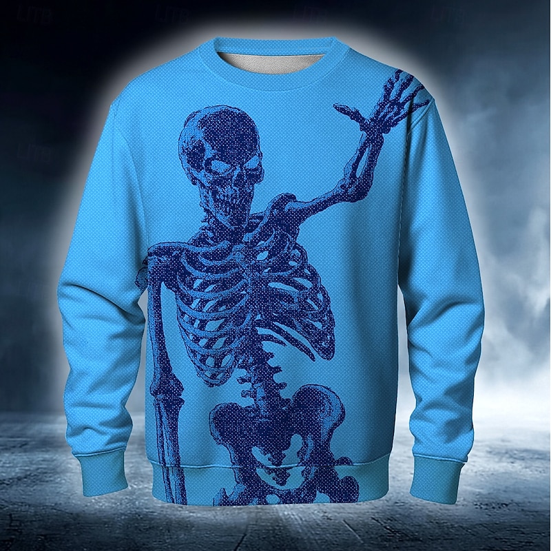 Halloween Men's Skull Devil Reaper Sweatshirt Punk Party Long Sleeve Crew Neck Vacation White Blue Crewneck 3D All Seasons Designer2