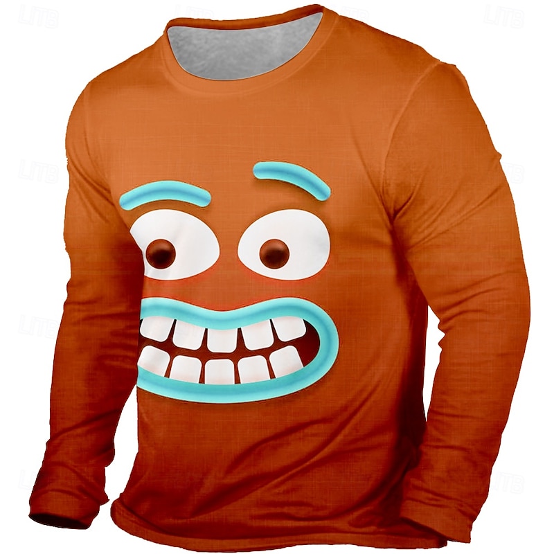 Men's 3D Smile Face T Shirt Long Sleeve T shirt 3D Print Crew Neck Round Neck Shirt Fashion Exaggerated Street Casual Daily Blue Orange Rose Red All Seasons Clothing Apparel S M L XL XXL XXXL
