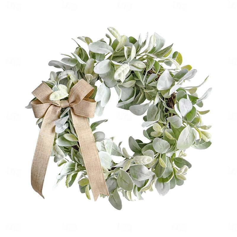 Christmas Wreath for Front Door, Artificial Green Lambs Ear Leaf Garland, Faux Plant Vine, Garden Door Hanging, Living Room and Window Wall Decor3