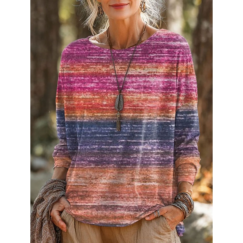 Women's T Shirt Graphic Geometric Striped Vintage Stylish Casual Long Sleeve Crew Neck Round Neck Regular Tops Daily Print Yellow Pink Blue Orange Spring Fall Winter