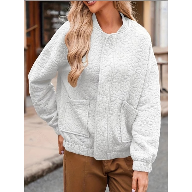 Women's Casual Jacket Comfortable Breathable Pocket Buttons Casual Plain Vacation Street Casual Daily Wear Single Breasted Regular Stand Collar Regular Fit Long Sleeve Outerwear Navy White Wine