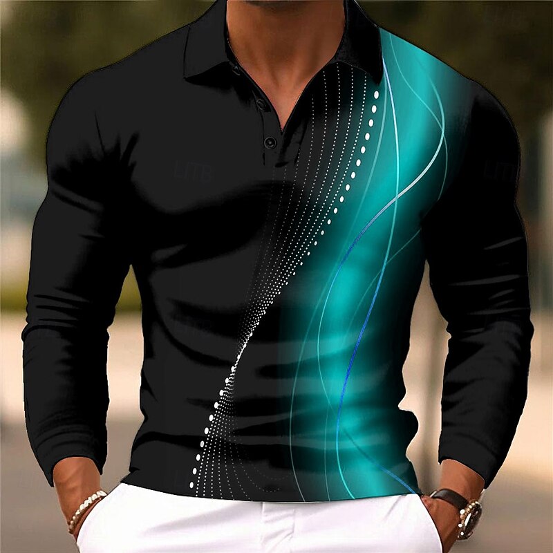 Men's Geometic Line Polo Long Sleeve Polo Shirts Lapel Casual Athleisure Daily Wear 3D Print Buttons Spring Fall Winter Red Blue Brown2
