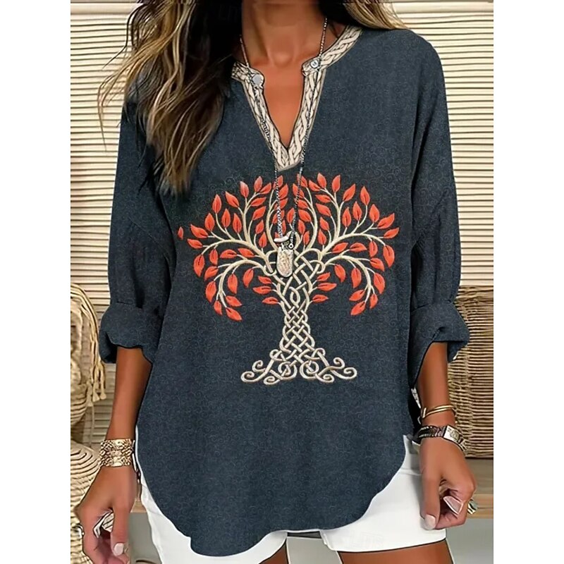 Women's Shirt Floral Daily Retro Vintage Long Sleeve V Neck Regular Tops Daily Holiday Print Navy Blue Summer Spring Fall