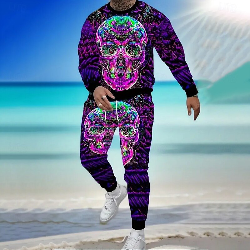 Halloween Men's Skulls 2pcs 3D Sweatshirt Sets Tracksuit Pullover Sweatshirt Long Sleeve Long pants Crew Neck Casual Daily Trendy Street Athleisure 3D Print Spring Fall Winter Purple