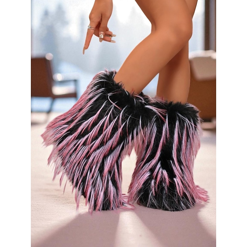 Women's Fashion Furry Platform Boots - Pink and Black Fluffy Statement Footwear for Street Style, Winter Outfits, Rave Looks and Trendy Festival Wear2