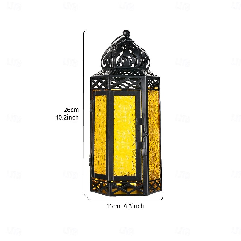 Vintage Iron Hanging Candle Lantern – 6-Sided Colored Glass Decorative Holder, Windproof Metal Tealight Lantern for Home, Bar, Restaurant, Wedding, Party Décor & Gift4