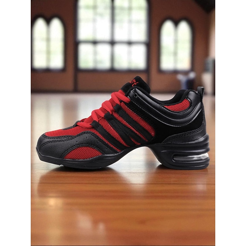 Women's Red and Black Mesh Jazz Dance Sneakers with Split Sole, Lightweight Breathable Design - Professional Practice Footwear for Hip Hop, Zumba, and Ballroom Training3