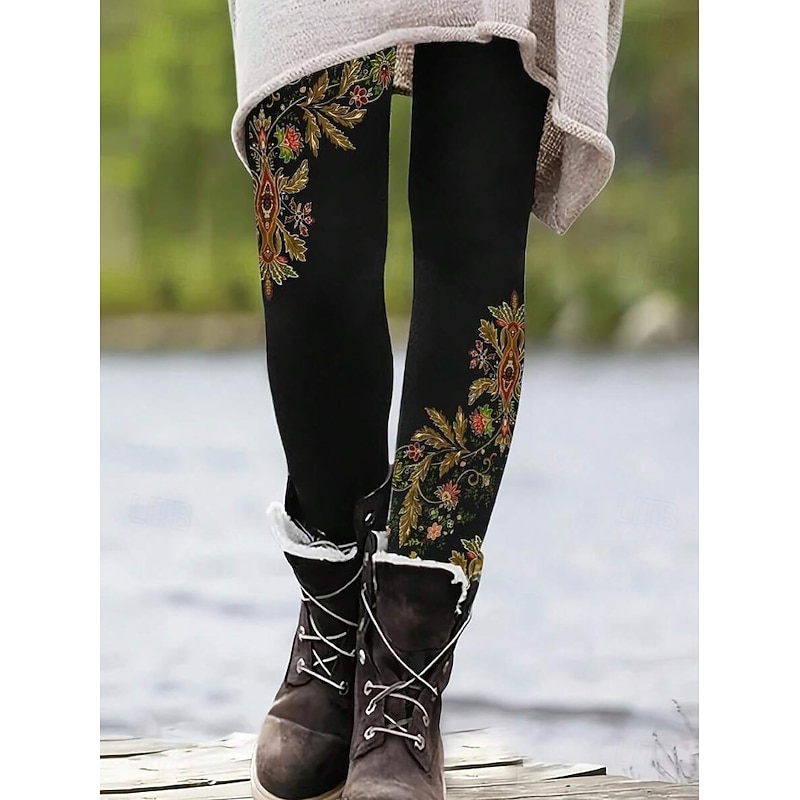 Women's Leggings Vacation Vintage Fashion Full Length High Waist Graphic Paisley Abstract Printing Thermal Warm Soft Breathable Stretchy Outdoor Vacation Street dark brown Dark Gray Black Red Summer2