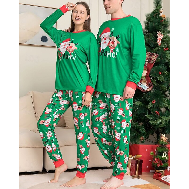 Family Pajamas Christmas Pattern Home Print Green Long Sleeve Adorable Matching Outfits4