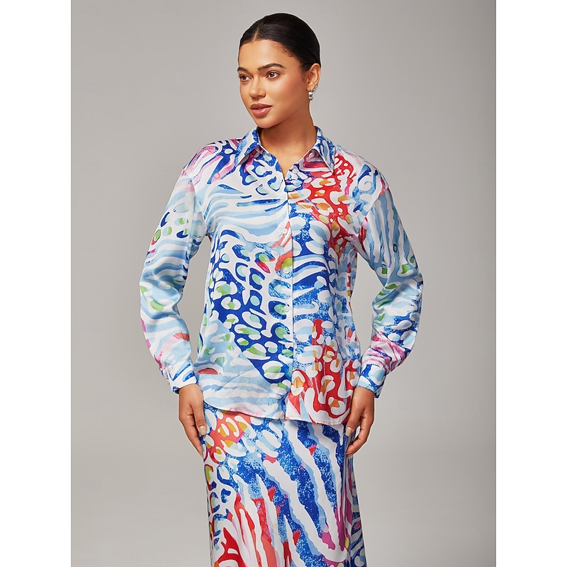 Women's Watercolor Leopard Print Satin Loose Short Shirt Drop Shoulder Shirt Collar Elegant Stylish Casual Bold Print Daily Work Fall