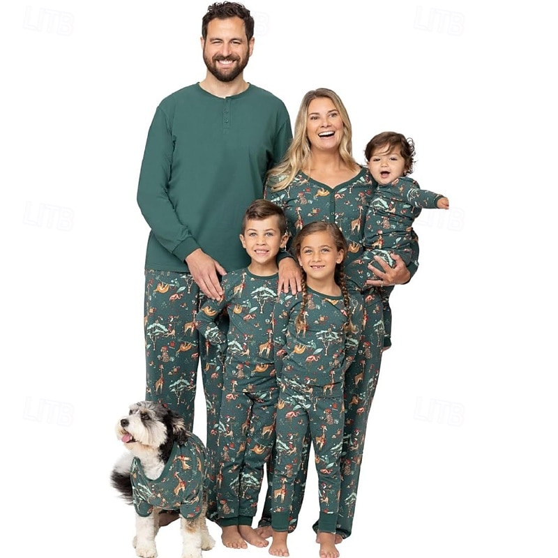 Family Pajamas Christmas Pattern Home Print Dark Green Long Sleeve Active Matching Outfits