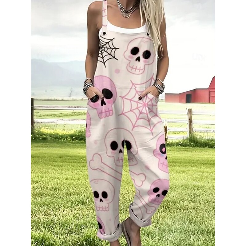Halloween Women's Dungarees Active Sleeveless Sleeveless Straight Square Neck Pocket with Pocket Vacation Daily Loose Fit Black Pink Purple Summer2