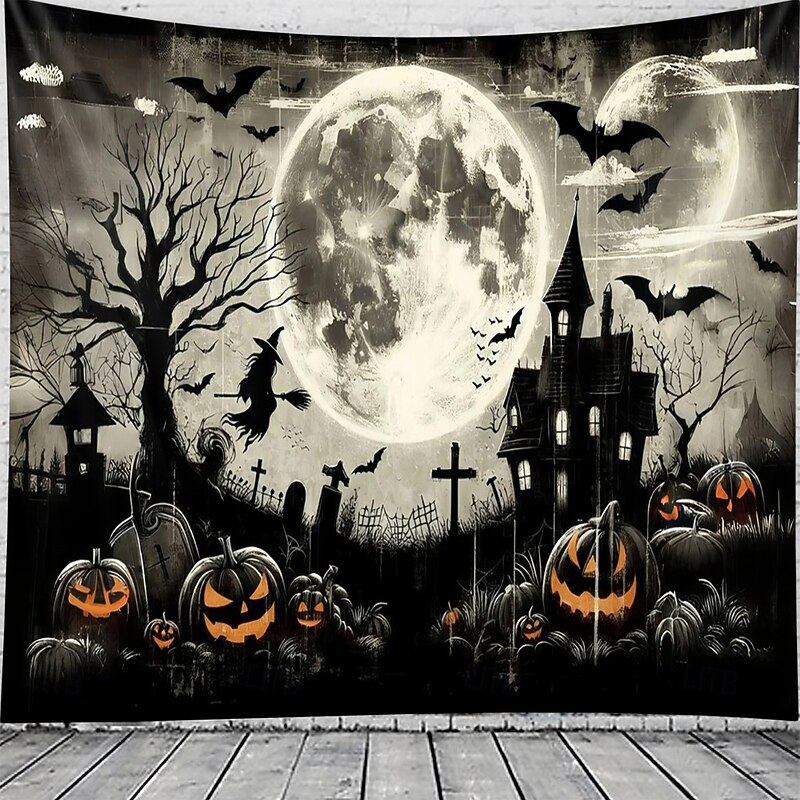 Halloween Wall Tapestry Backdrop – Spooky Haunted House with Full Moon, Flying Witch, Bats, Graveyard and Glowing Jack-o'-Lanterns, Black and White Gothic Wall Hanging for Party and Home Decoration2