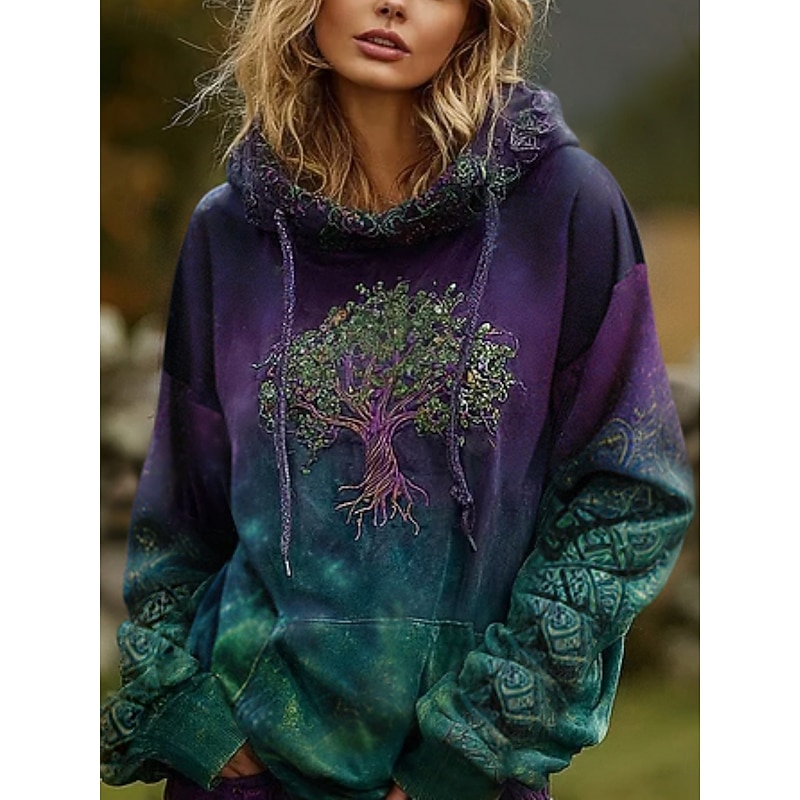 Women's Hoodies Graphic Vintage Daily Casual Long Sleeve V Neck Regular Tops Tribal Tree Of Life Vintage Designer Vacation Street Going out Daily Holiday Print Wine Red Dark Green Fall Winter